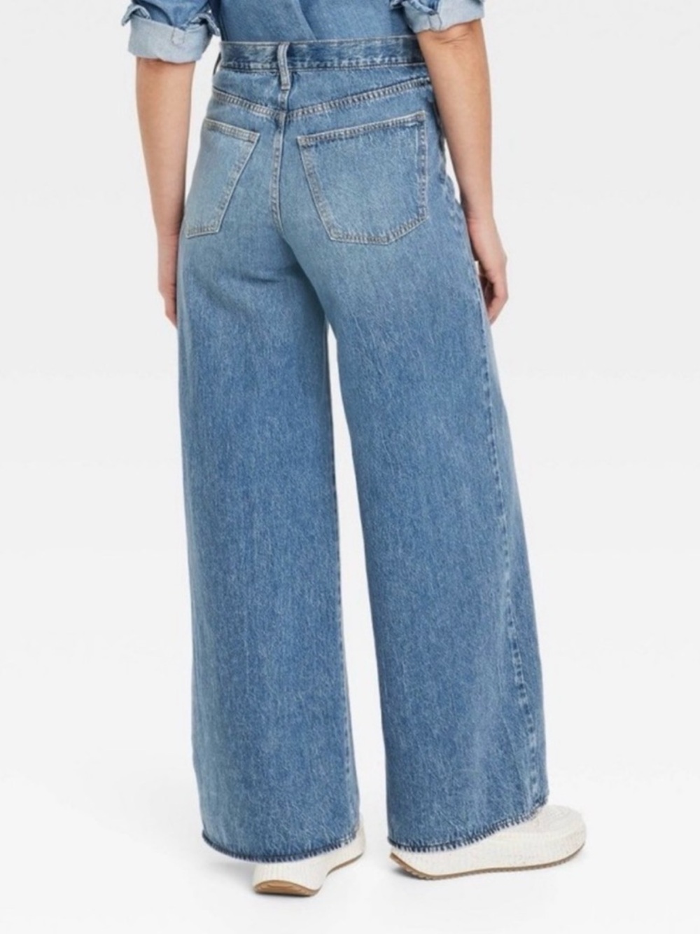 NWT Super Wide Leg Mid-Rise Blue Denim Jeans 100% Cotton No Stretch Button Fly - Picture 2 of 11